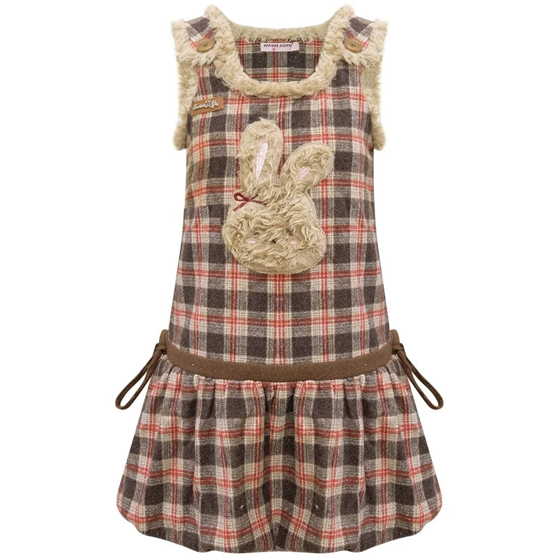 Autumn Reddish-Brown Plaid Rabbit Pocket Vest Dress