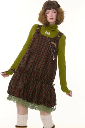 Autumn Retro Lace Plaid Dress