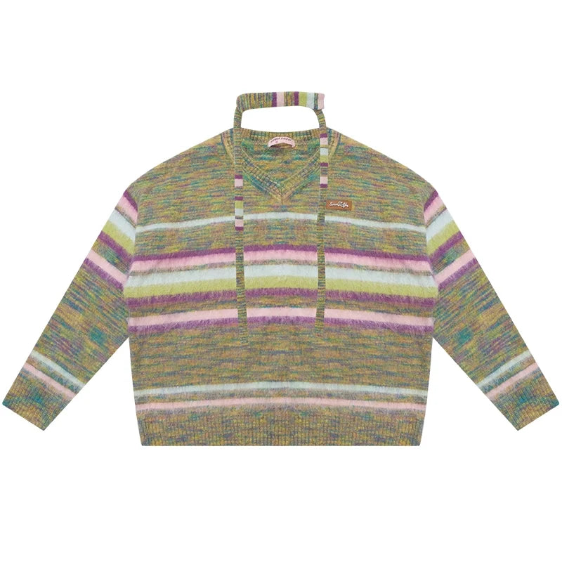 Autumn Winter Color-Blocking Striped V-Neck Sweater