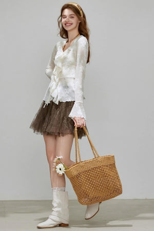 Autumn Womens V-neck Ruffled Top