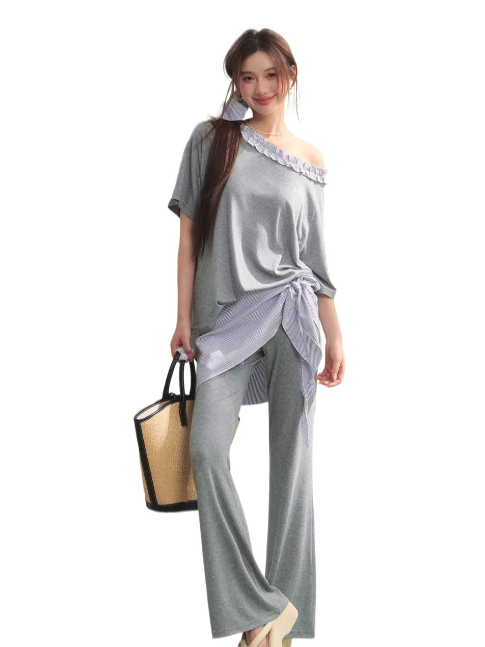 Checkered Asymmetric Shoulder Short-Sleeve T-Shirt & Pants Set