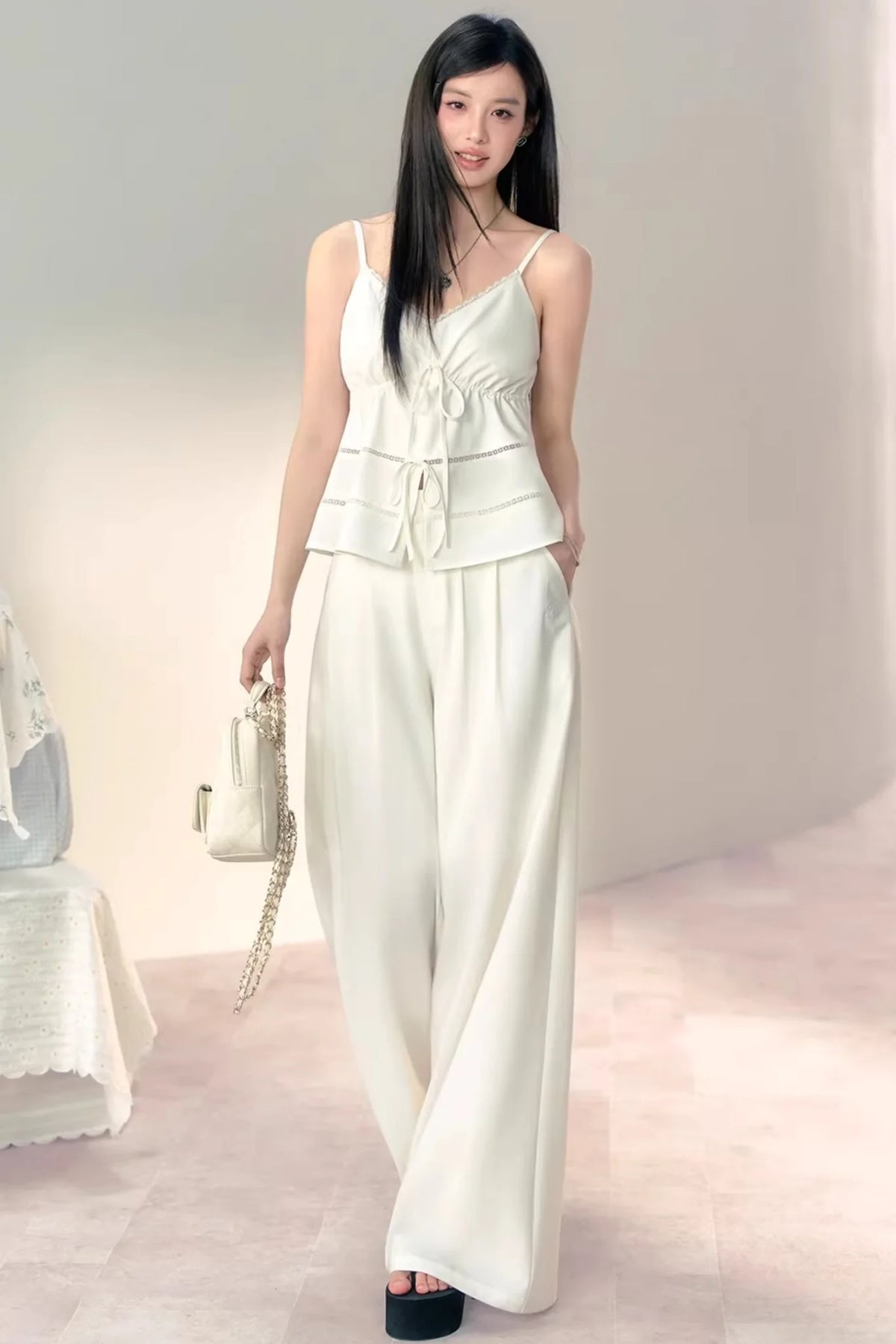 Bamboo Texture Suspender Pants Set-Up