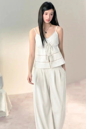 Bamboo Texture Suspender Pants Set-Up