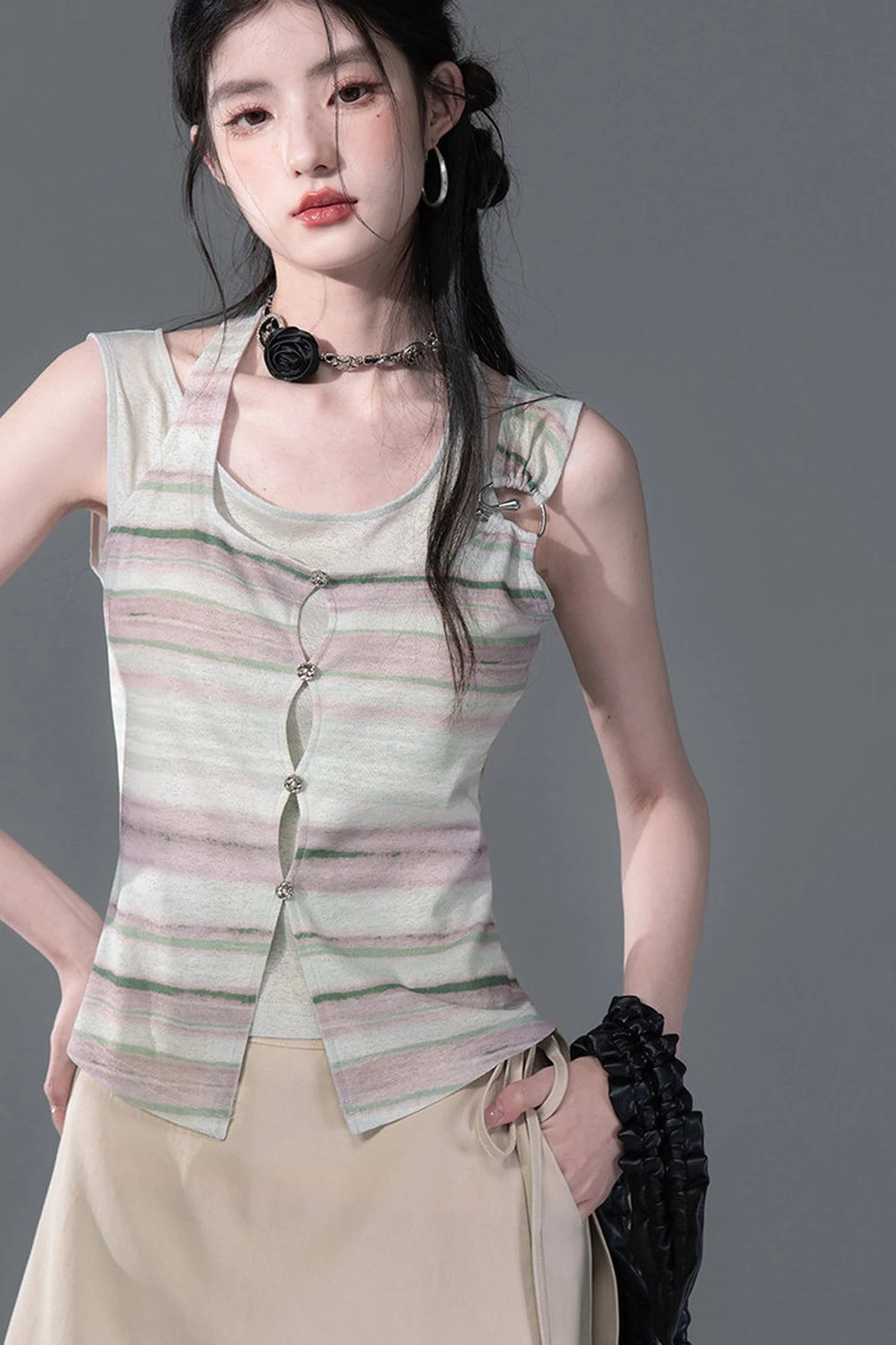 Bamboo Yarn Layered-Look Knitted Camisole Top
