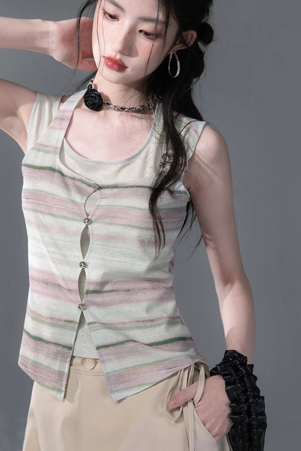 Bamboo Yarn Layered-Look Knitted Camisole Top