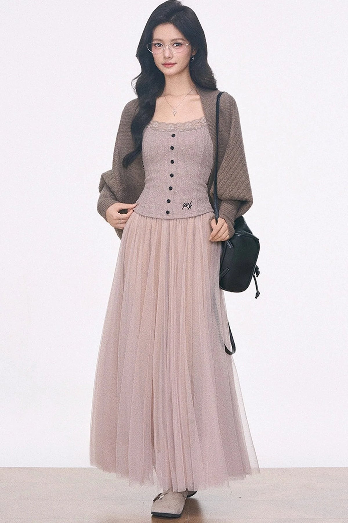Batwing Knit Cardigan and Skirt 3-Piece Set-Up