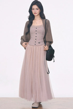 Batwing Knit Cardigan and Skirt 3-Piece Set-Up