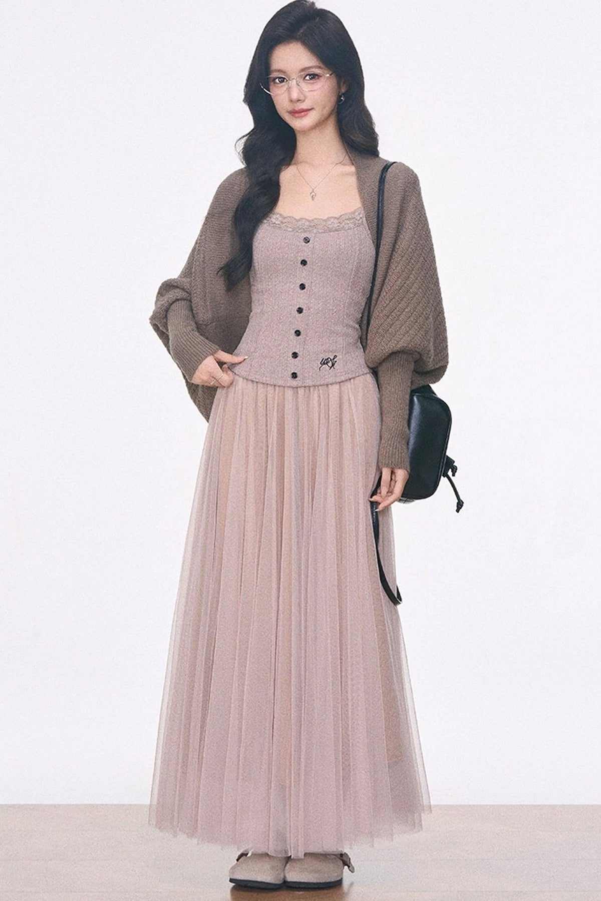 Batwing Knit Cardigan and Skirt 3-Piece Set-Up