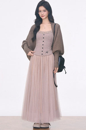 Batwing Knit Cardigan and Skirt 3-Piece Set-Up