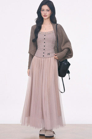 Batwing Knit Cardigan and Skirt 3-Piece Set-Up