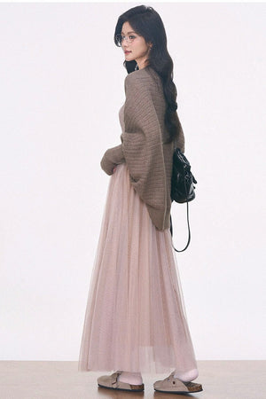 Batwing Knit Cardigan and Skirt 3-Piece Set-Up