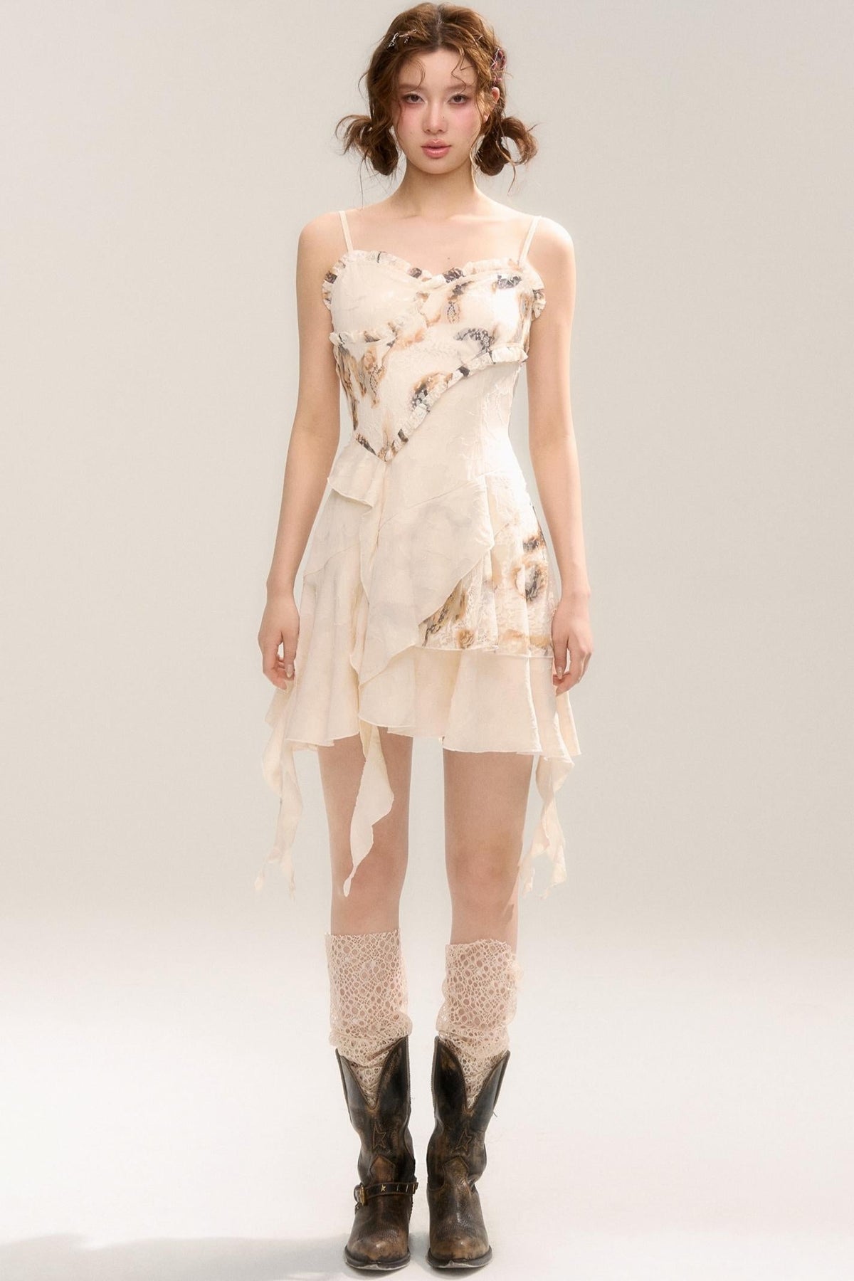 Beige Apricot Irregular Lace Dress