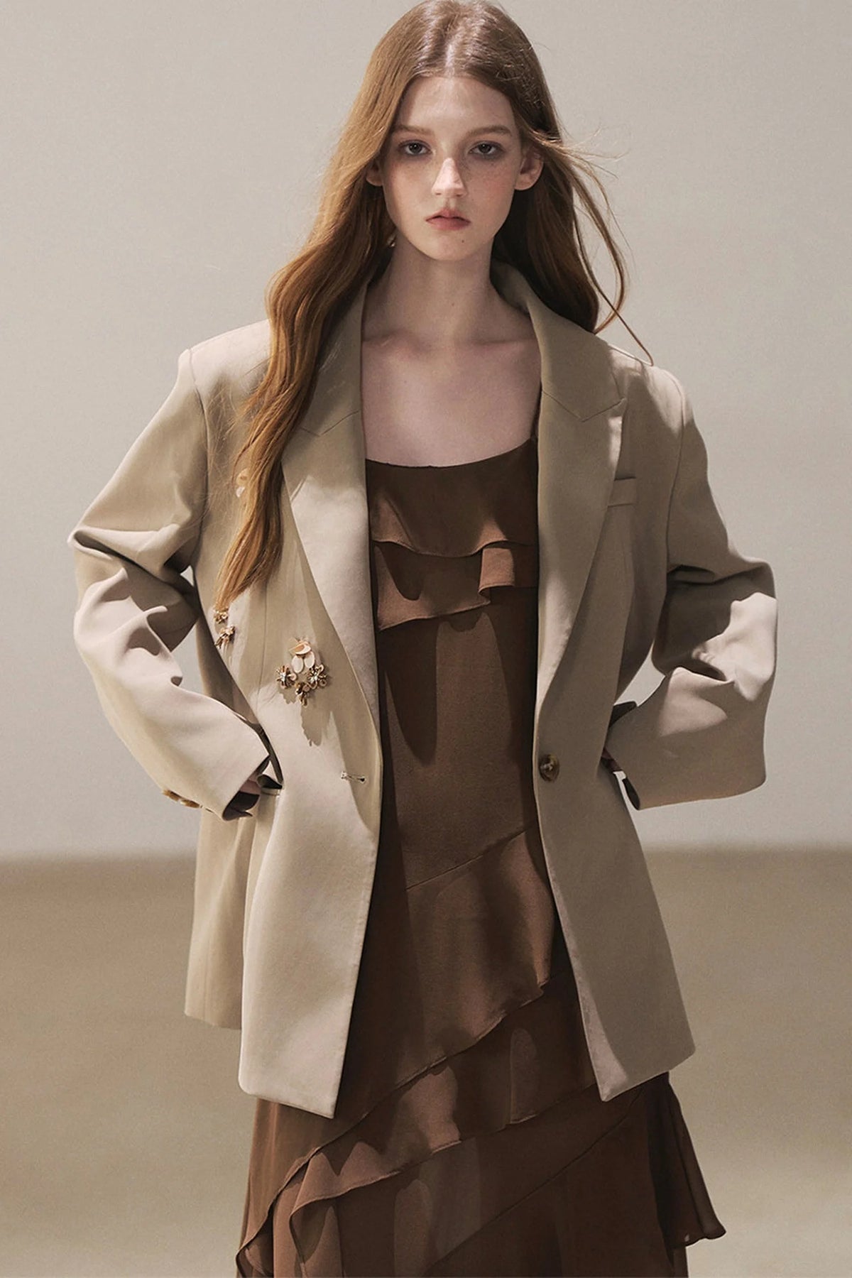 Beige Blazer With Brown Ruffle Spaghetti Strap Dress Set-Up