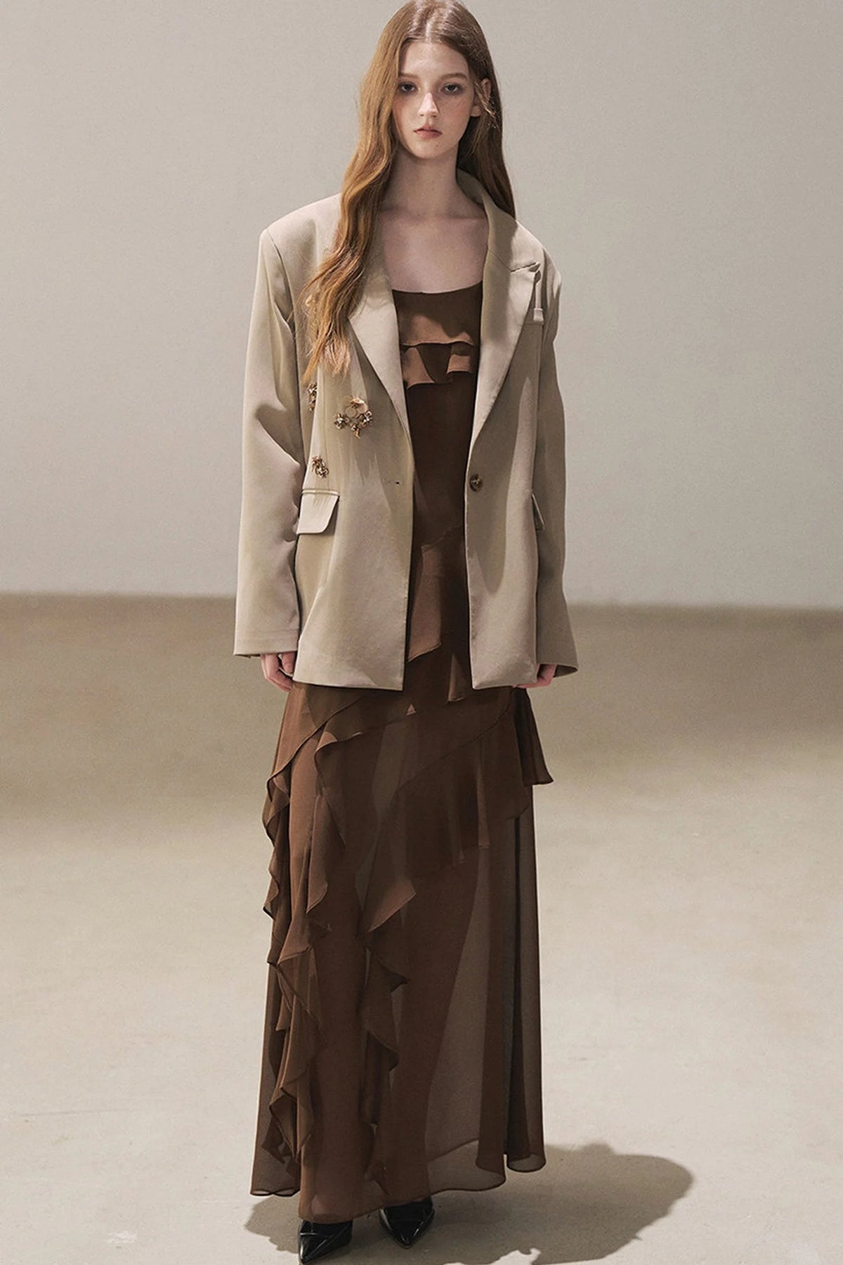 Beige Blazer With Brown Ruffle Spaghetti Strap Dress Set-Up