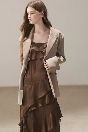 Beige Blazer With Brown Ruffle Spaghetti Strap Dress Set-Up