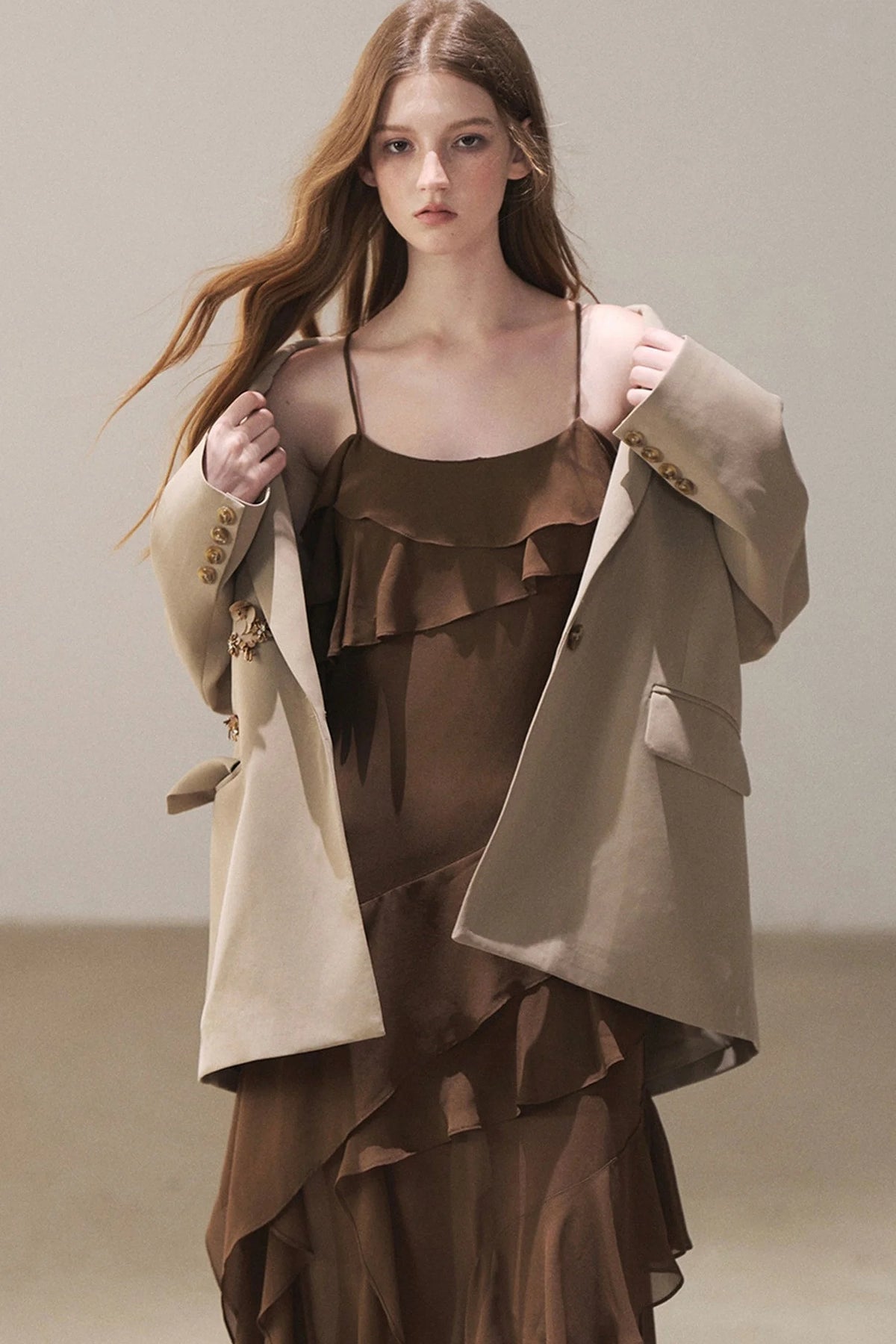 Beige Blazer With Brown Ruffle Spaghetti Strap Dress Set-Up