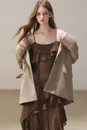 Beige Blazer With Brown Ruffle Spaghetti Strap Dress Set-Up
