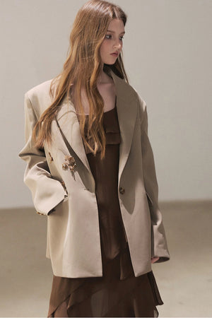 Beige Blazer With Brown Ruffle Spaghetti Strap Dress Set-Up