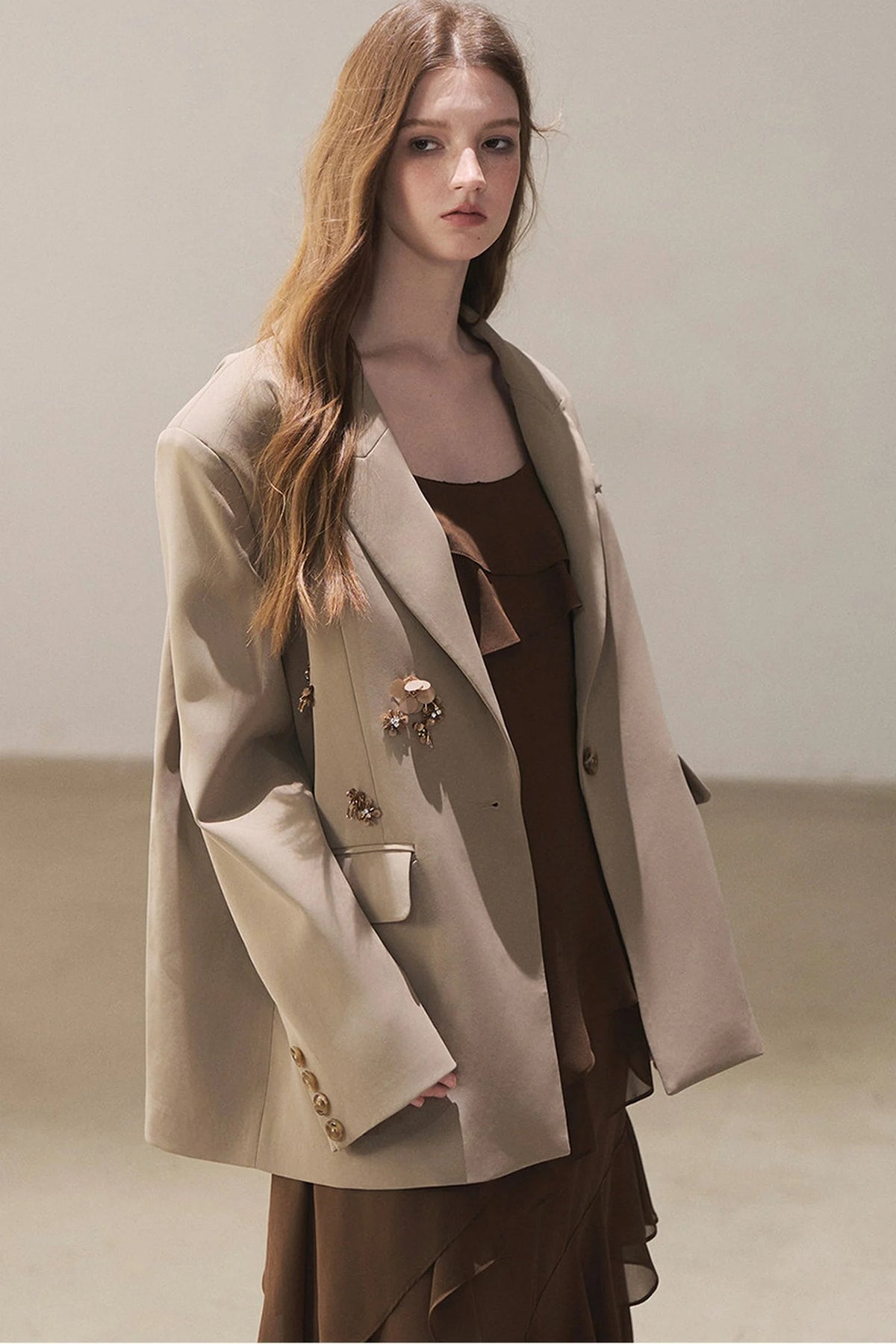 Beige Blazer With Brown Ruffle Spaghetti Strap Dress Set-Up