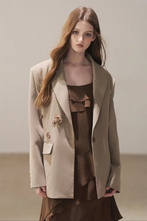 Beige Blazer With Brown Ruffle Spaghetti Strap Dress Set-Up
