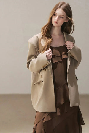 Beige Blazer With Brown Ruffle Spaghetti Strap Dress Set-Up
