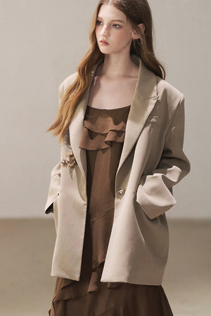 Beige Blazer With Brown Ruffle Spaghetti Strap Dress Set-Up
