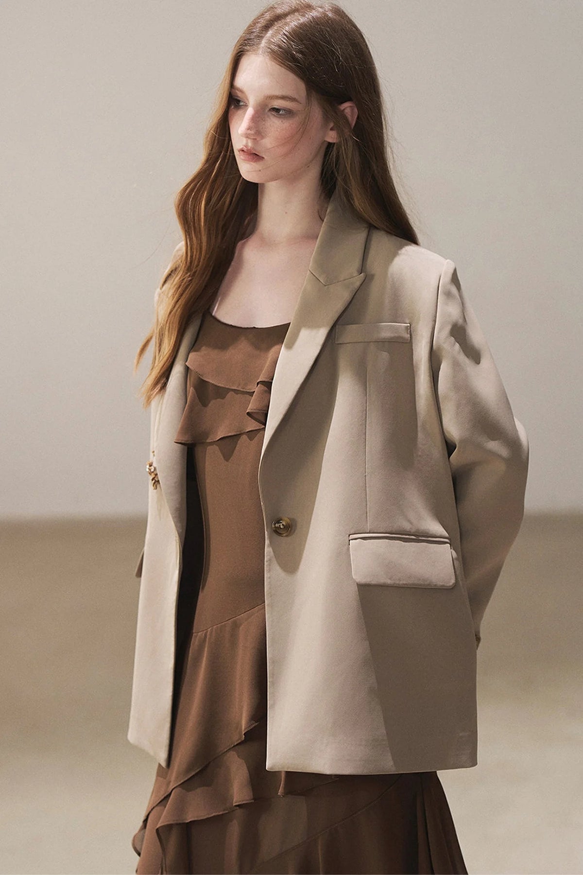 Beige Blazer With Brown Ruffle Spaghetti Strap Dress Set-Up
