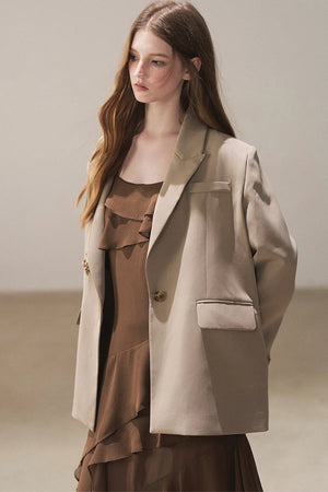 Beige Blazer With Brown Ruffle Spaghetti Strap Dress Set-Up