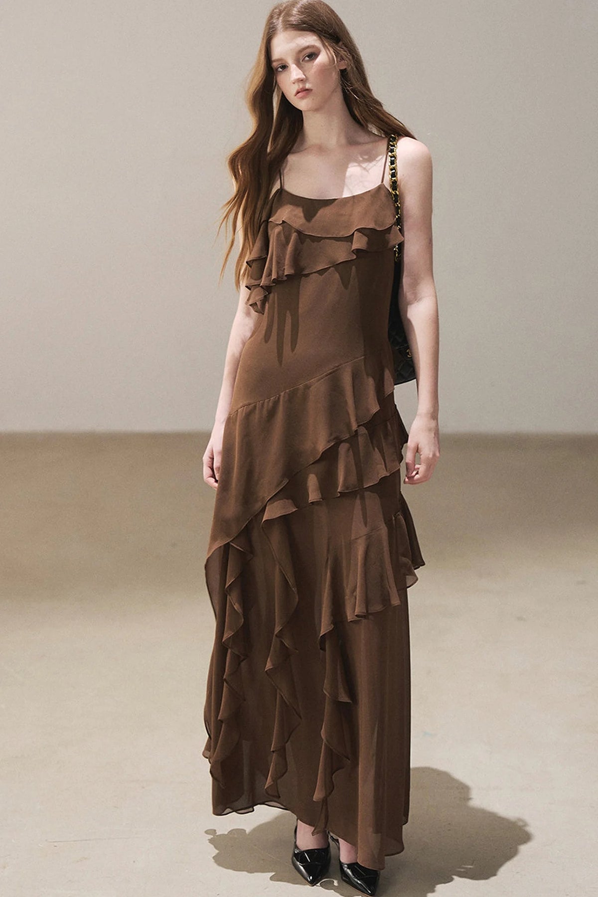 Beige Blazer With Brown Ruffle Spaghetti Strap Dress Set-Up