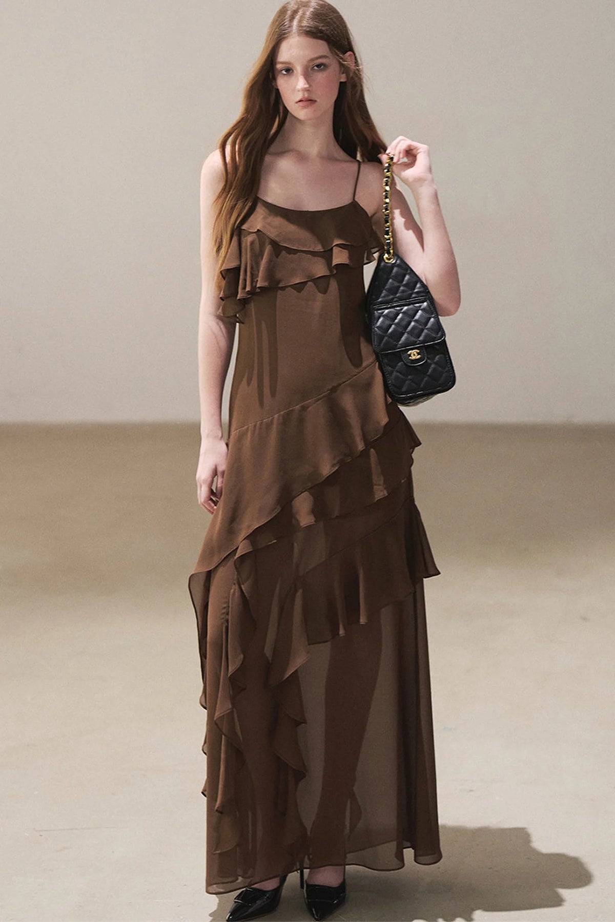Beige Blazer With Brown Ruffle Spaghetti Strap Dress Set-Up