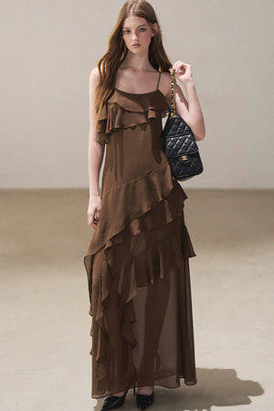 Beige Blazer With Brown Ruffle Spaghetti Strap Dress Set-Up