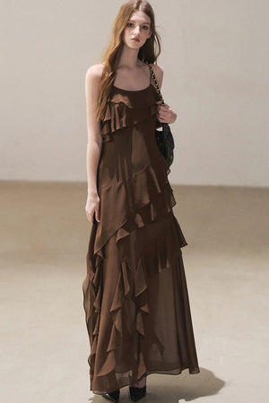 Beige Blazer With Brown Ruffle Spaghetti Strap Dress Set-Up