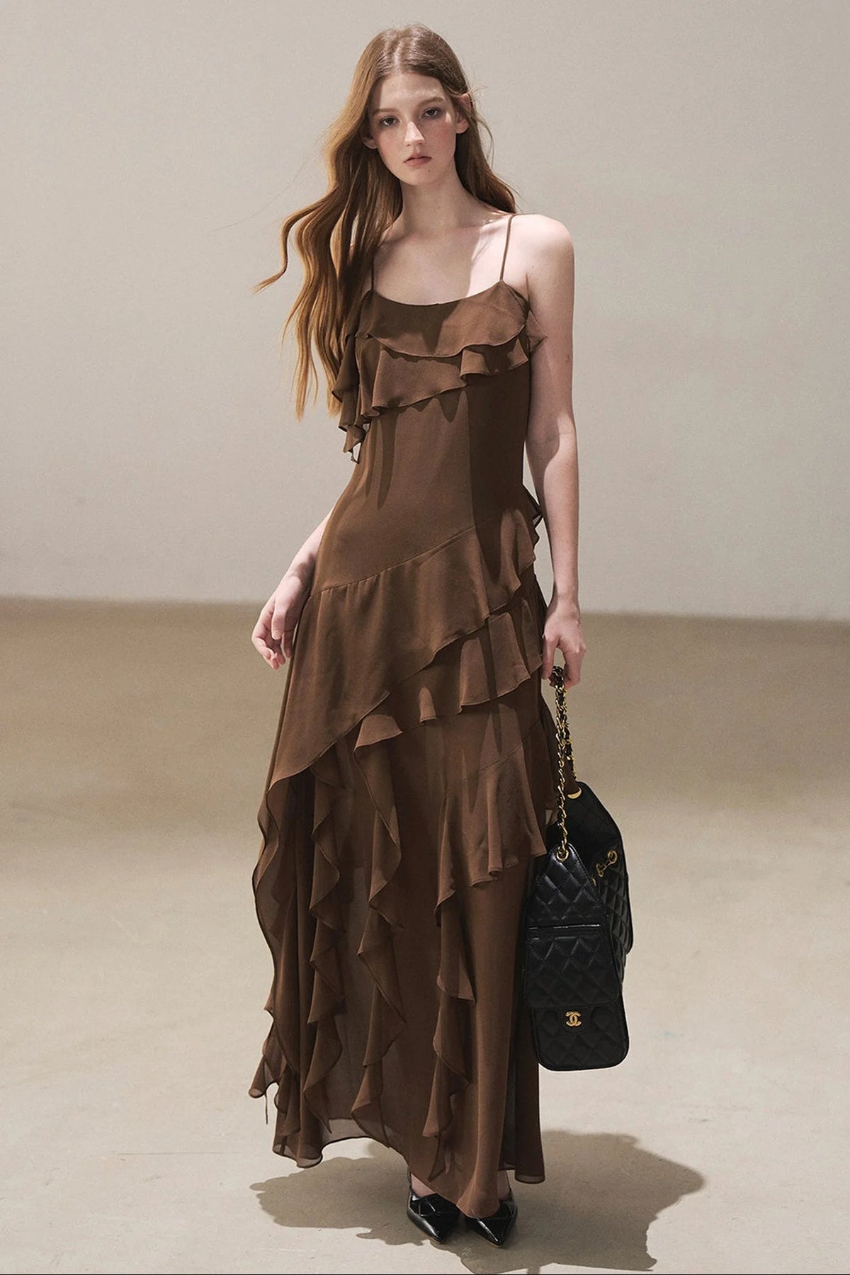 Beige Blazer With Brown Ruffle Spaghetti Strap Dress Set-Up