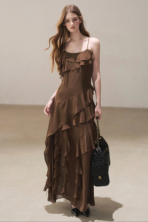 Beige Blazer With Brown Ruffle Spaghetti Strap Dress Set-Up