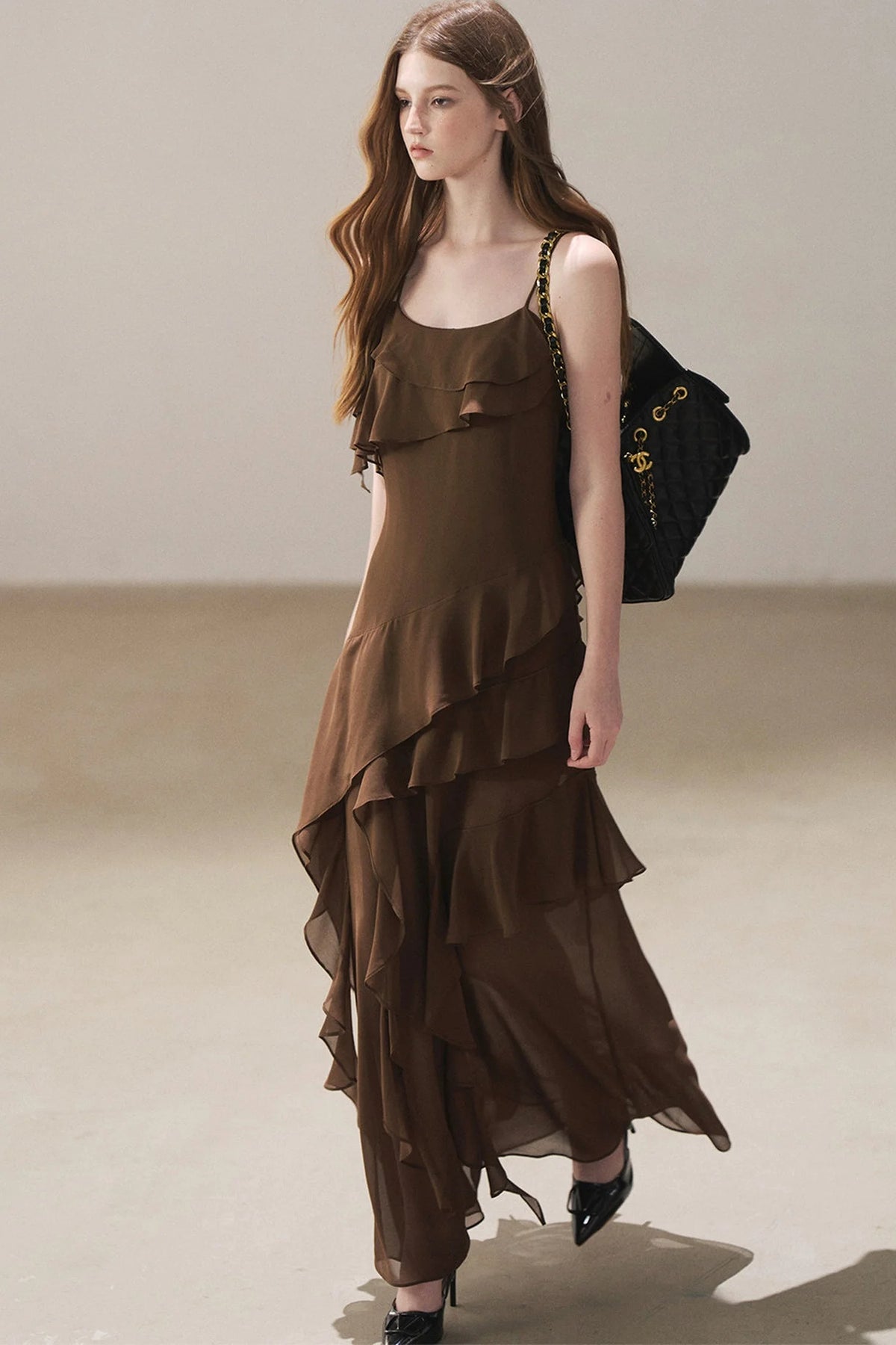 Beige Blazer With Brown Ruffle Spaghetti Strap Dress Set-Up