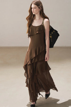Beige Blazer With Brown Ruffle Spaghetti Strap Dress Set-Up