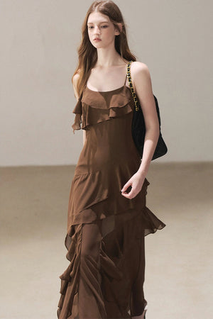 Beige Blazer With Brown Ruffle Spaghetti Strap Dress Set-Up