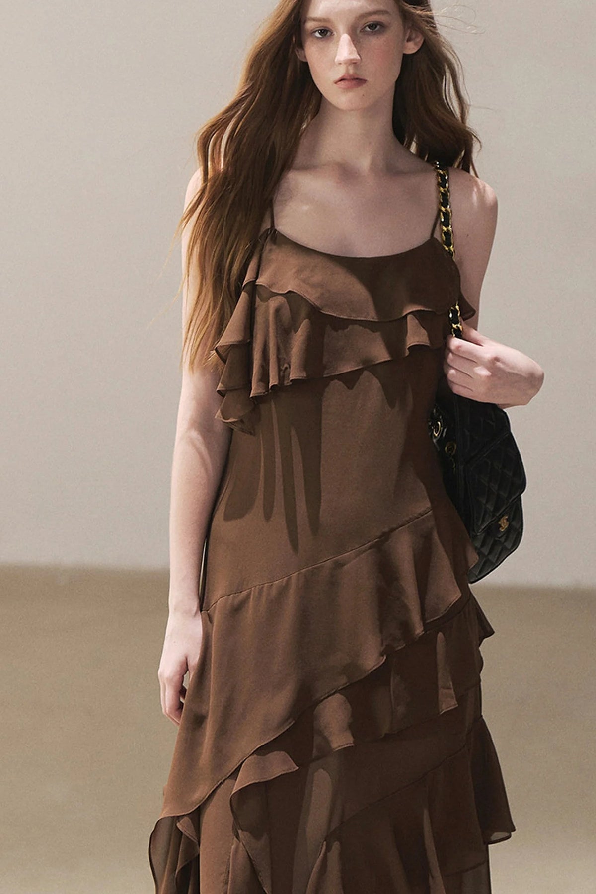 Beige Blazer With Brown Ruffle Spaghetti Strap Dress Set-Up