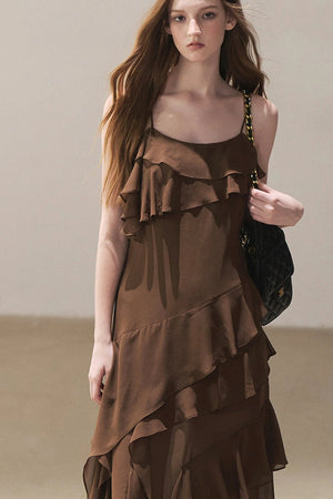 Beige Blazer With Brown Ruffle Spaghetti Strap Dress Set-Up