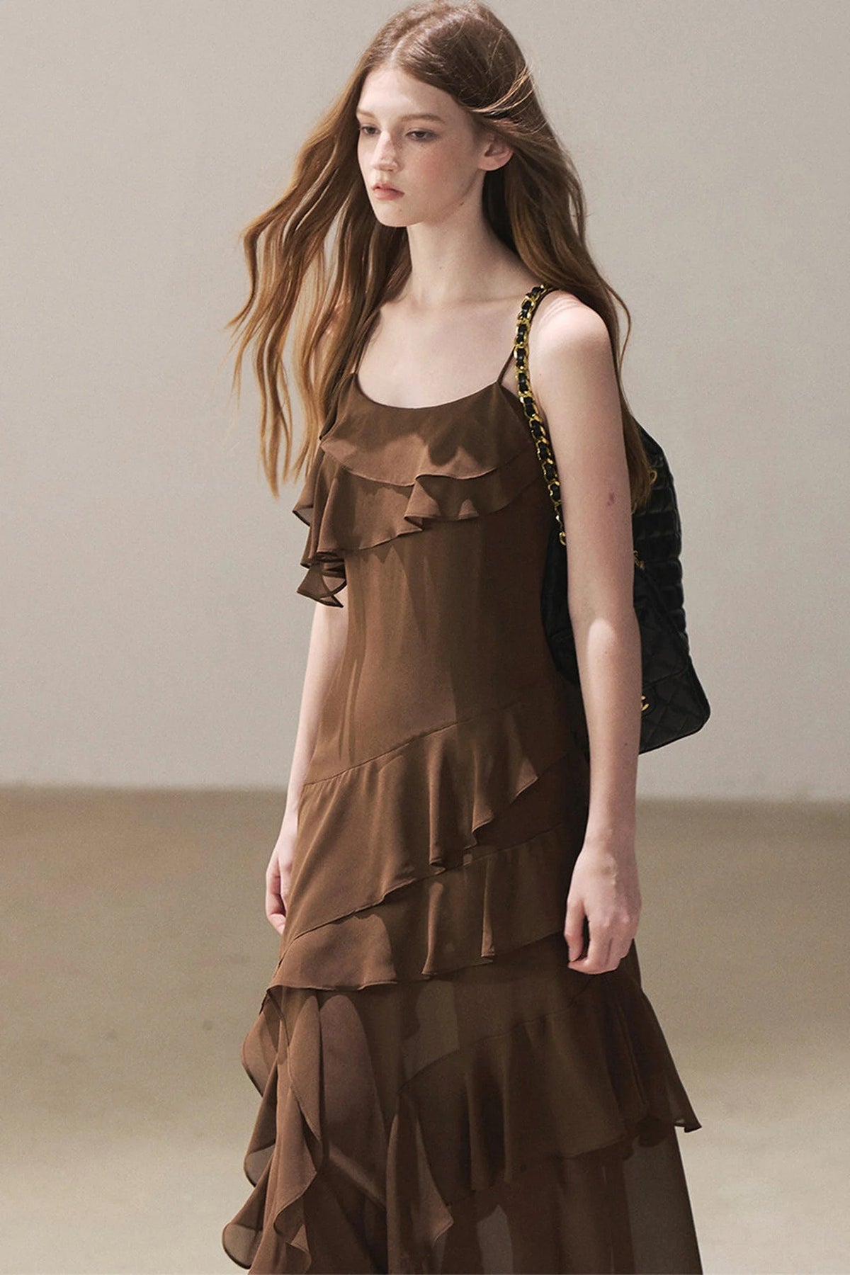 Beige Blazer With Brown Ruffle Spaghetti Strap Dress Set-Up