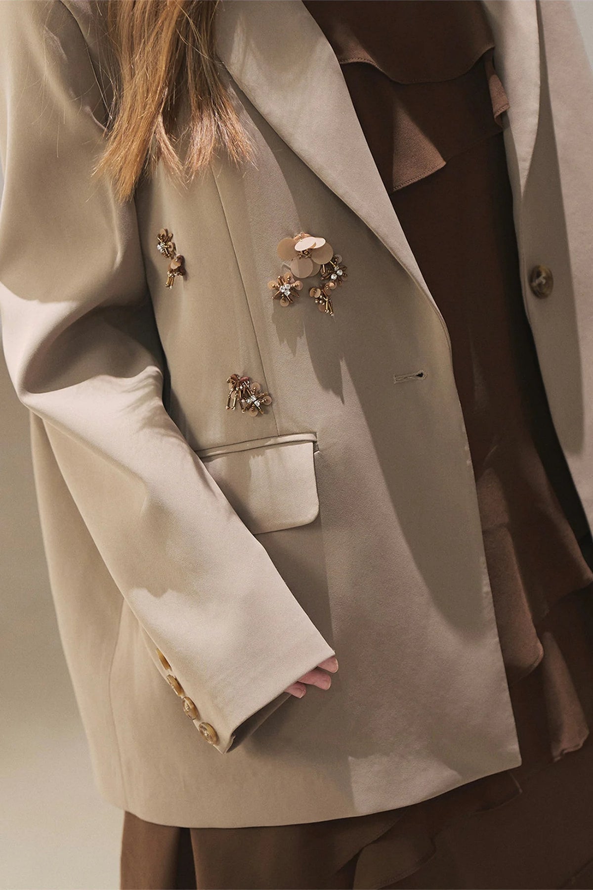 Beige Blazer With Brown Ruffle Spaghetti Strap Dress Set-Up