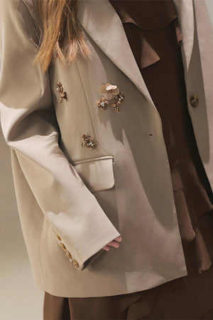 Beige Blazer With Brown Ruffle Spaghetti Strap Dress Set-Up