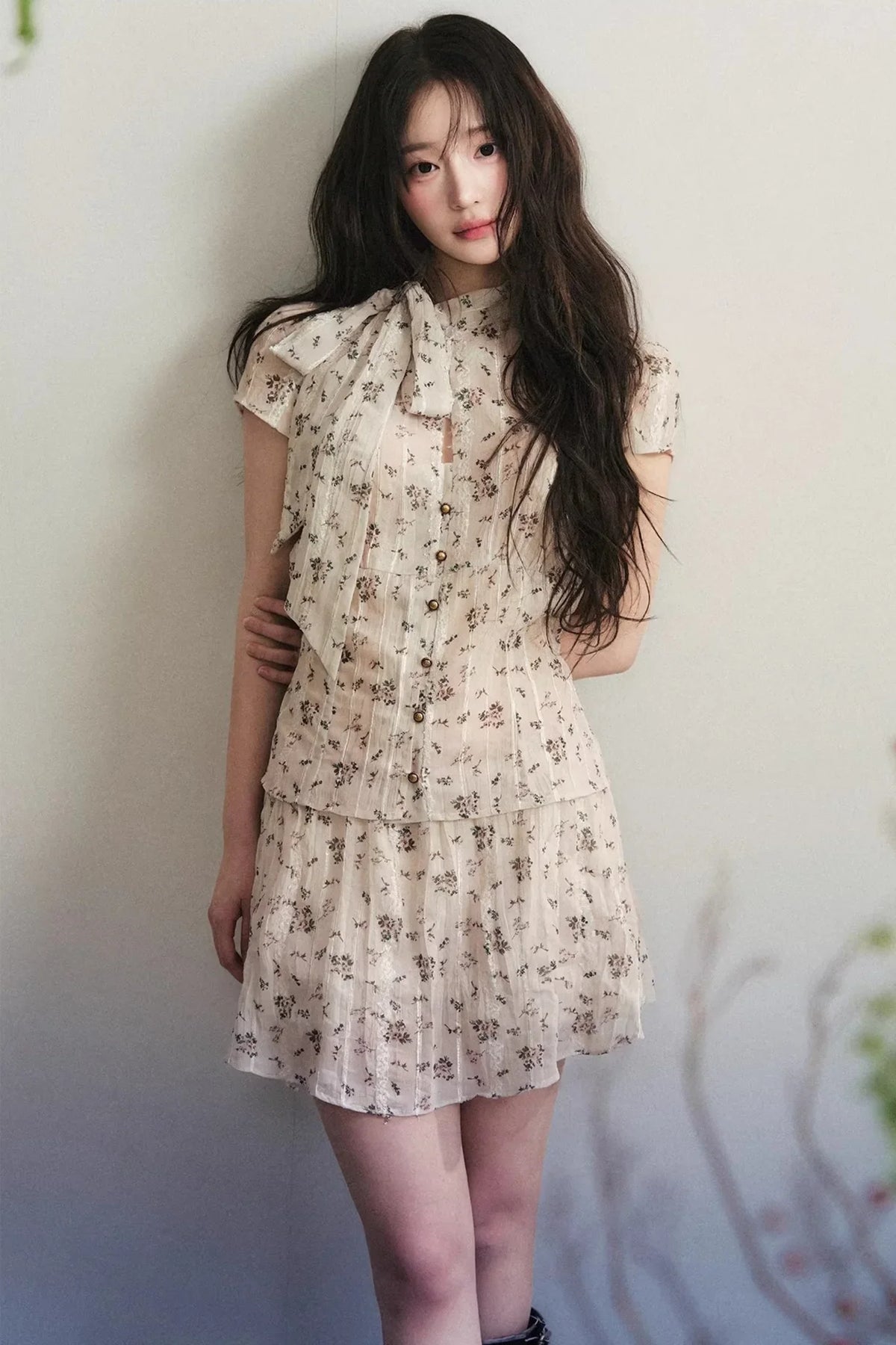 Beige Floral Chiffon Two-Piece Set-Up