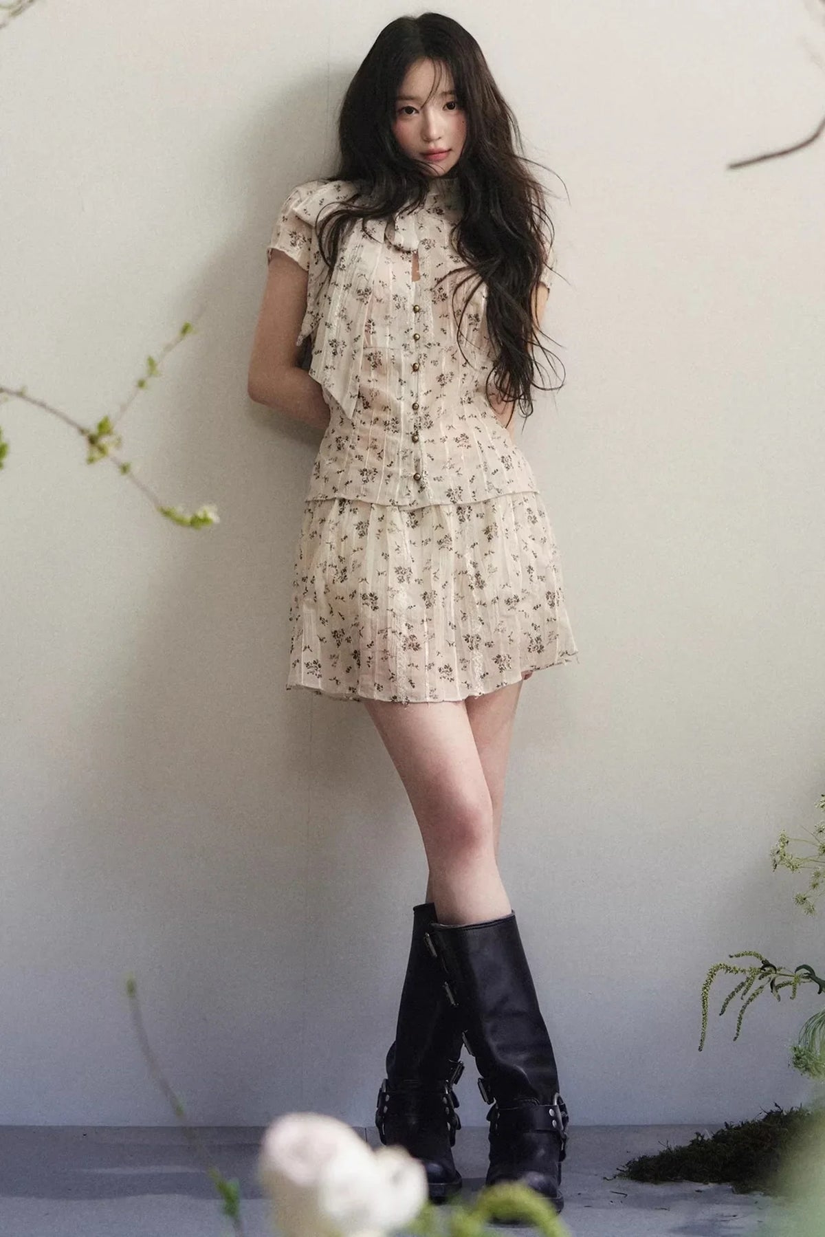 Beige Floral Chiffon Two-Piece Set-Up