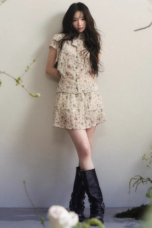 Beige Floral Chiffon Two-Piece Set-Up