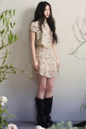 Beige Floral Chiffon Two-Piece Set-Up