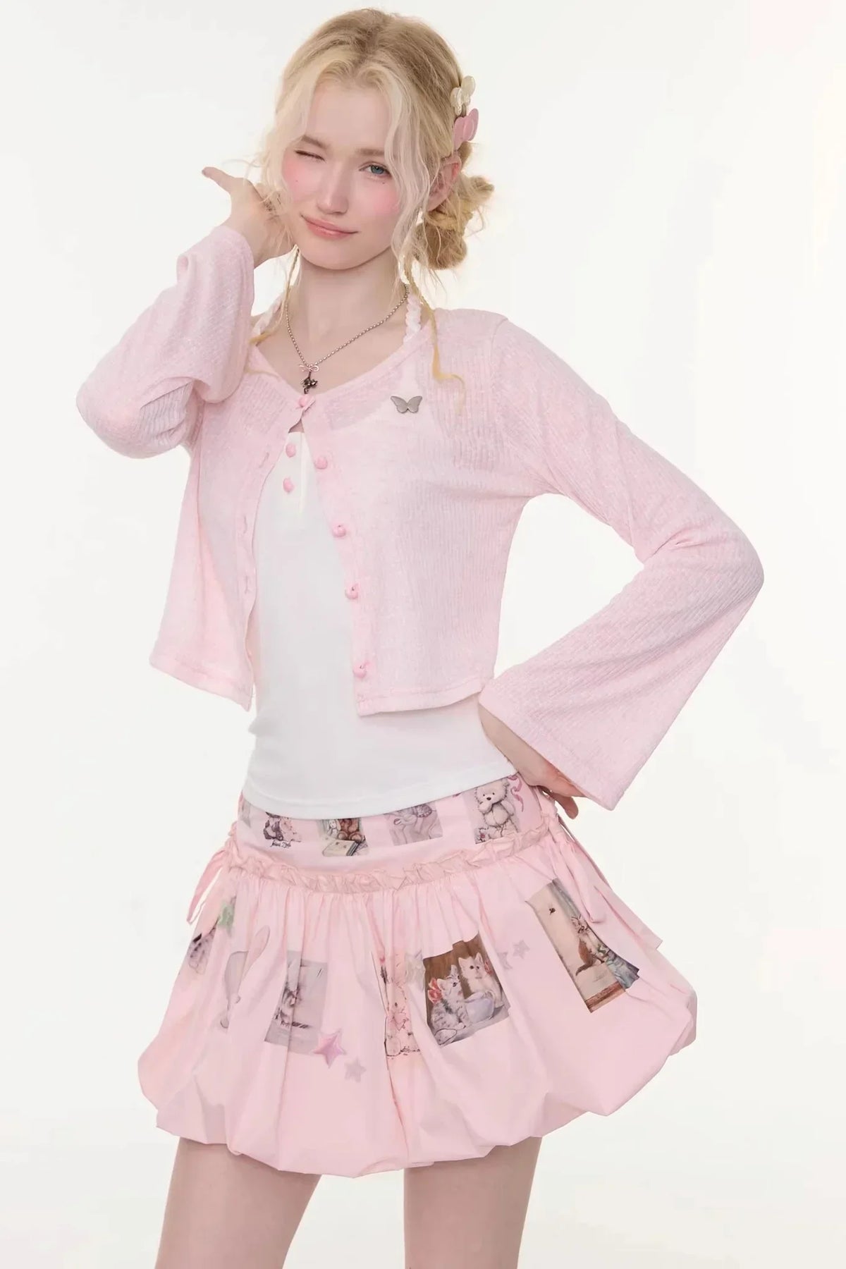 Bell-Sleeved Pink Knitted Cardigan