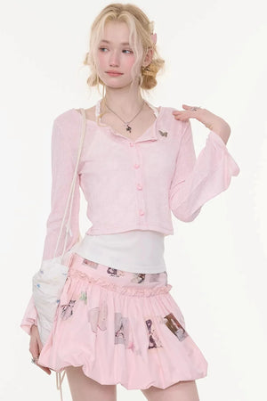 Bell-Sleeved Pink Knitted Cardigan
