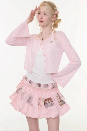 Bell-Sleeved Pink Knitted Cardigan