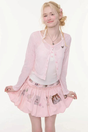 Bell-Sleeved Pink Knitted Cardigan